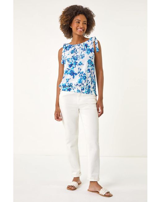 Roman Blue Floral Print Bow Detail Stretch Top