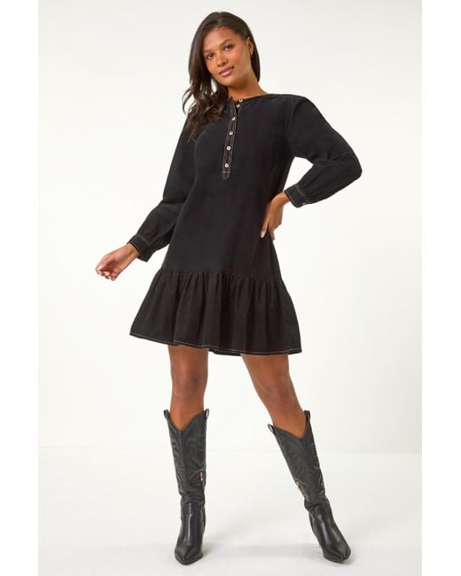 Roman Black Corduroy Button Detail A-Line Dress