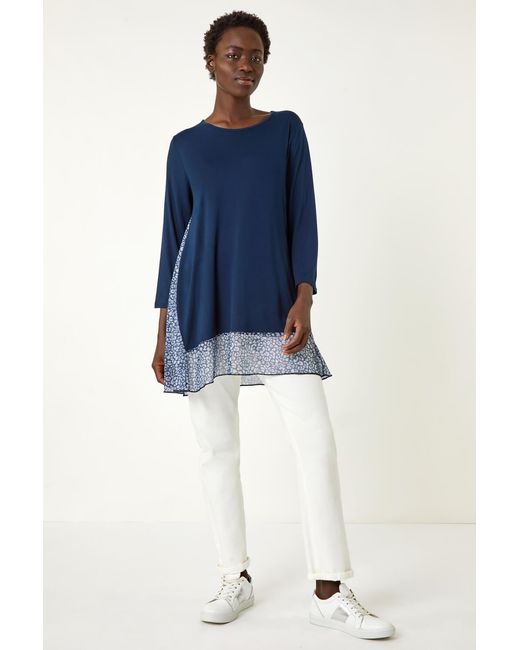 Roman Blue Animal Print Contrast Mesh Hem Stretch Top