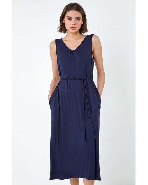 Roman Blue Gathered Tie Detail Stretch Midi Dress
