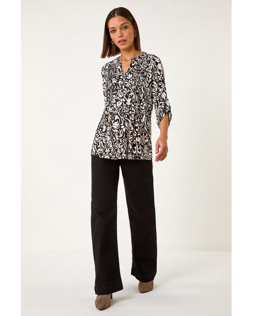 Roman Black Abstract Print Pintuck Shirt
