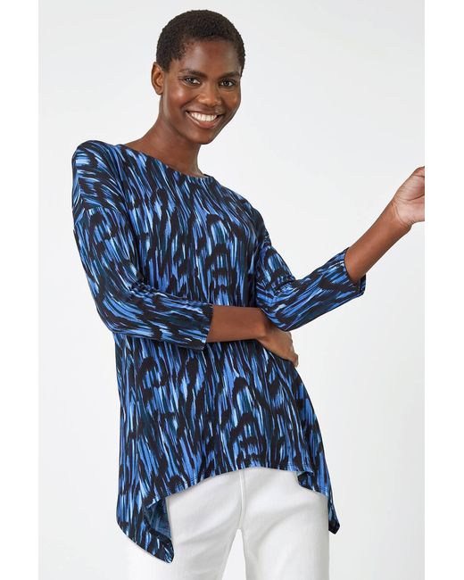 Roman Blue Abstract Print Tie Back Stretch Top