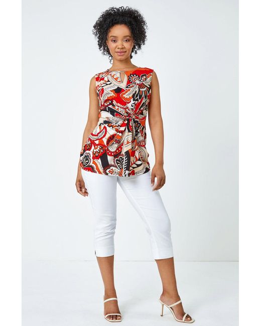 Roman Petite Red Paisley Print Twist Stretch Top