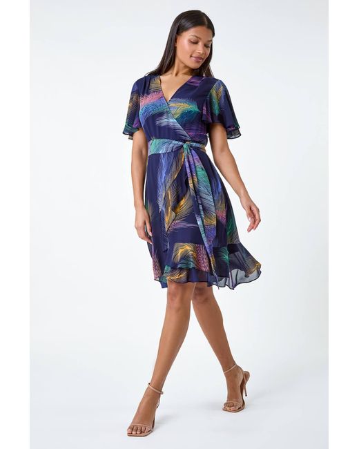Roman Feather Print Frill Trim Mini Dress in Blue