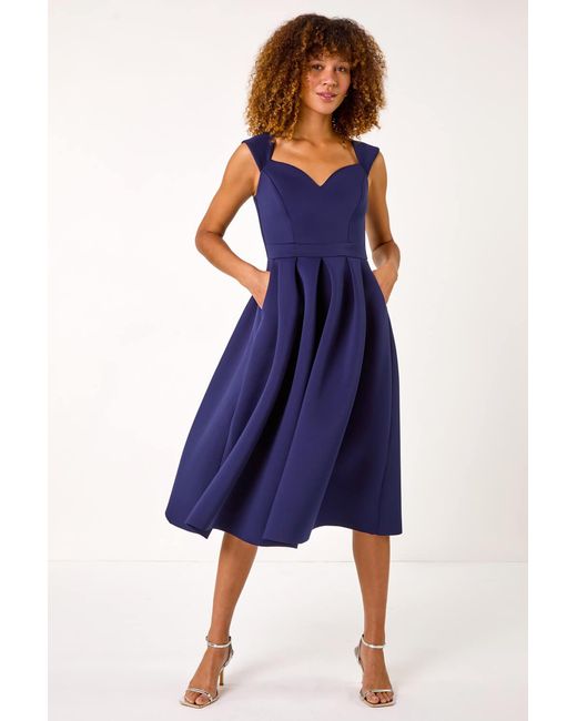 Roman Blue Sweetheart Neck Premium Stretch Skater Dress