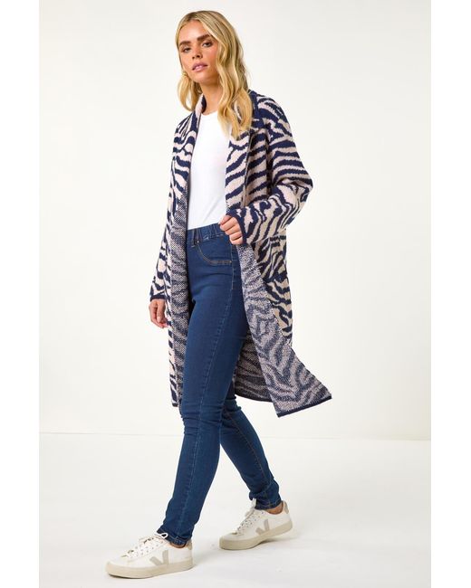 Roman Petite Blue Animal Print Knit Coatigan