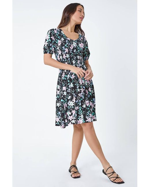 Roman Black Floral Print Shirred Stretch Dress
