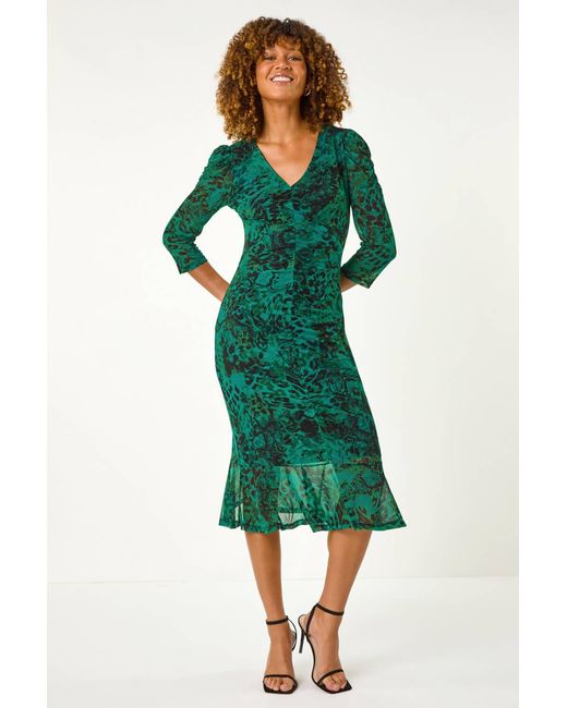 Roman Green Printed Mesh Midi Dress