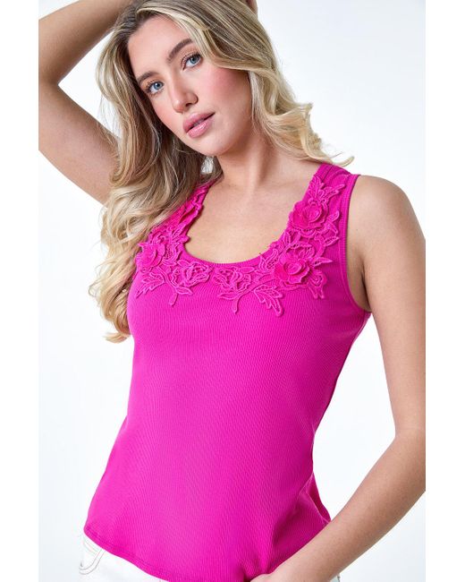 Roman Pink Dusk Fashion Floral Lace Trim Stretch Vest Top