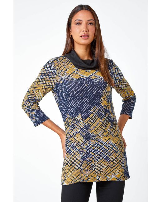Roman Blue Abstract Print Cowl Neck Stretch Top