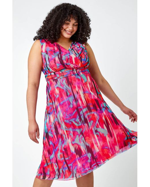 Roman Curve Pink Abstract Print Mesh Wrap Dress