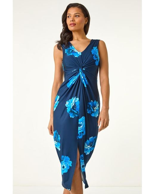 Roman Blue Floral Twist Front Midi Dress
