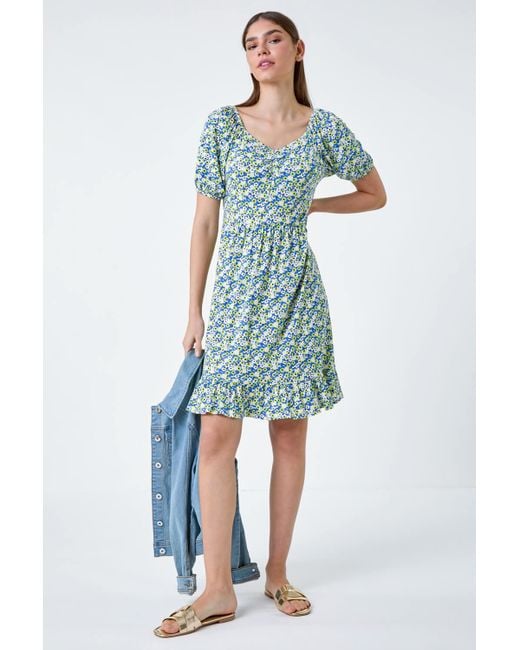 Roman Blue Ditsy Floral Ruched Frill Stretch Dress