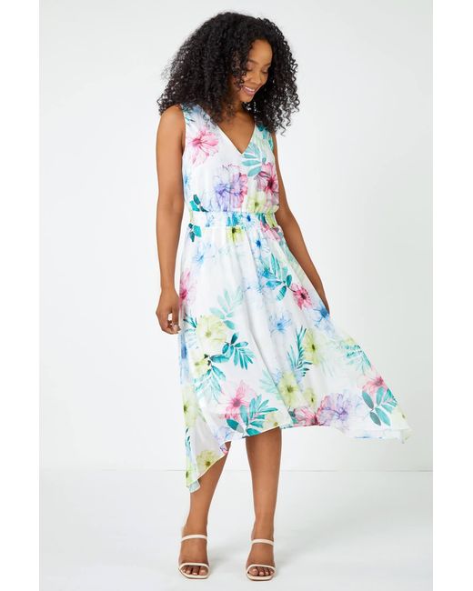 Roman Petite White Floral Print Shirred Asymmetric Dress