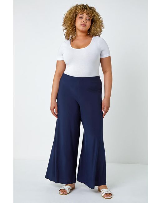 Roman Curve Blue Elastic Waist Wide Leg Trousers