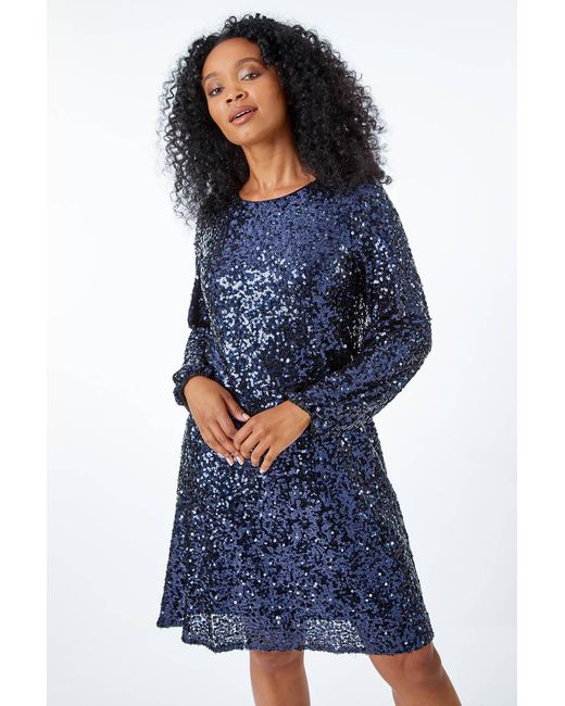 Roman Petite Blue Sequin Shift Dress