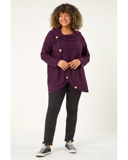 Roman Curve Purple Cowl Neck Button Wrap Top