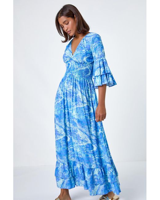 Roman Blue Abstract Ruffle Detail Shirred Maxi Dress