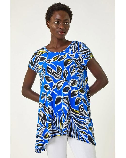 Roman Blue Textured Leaf Print Stretch Tunic Top