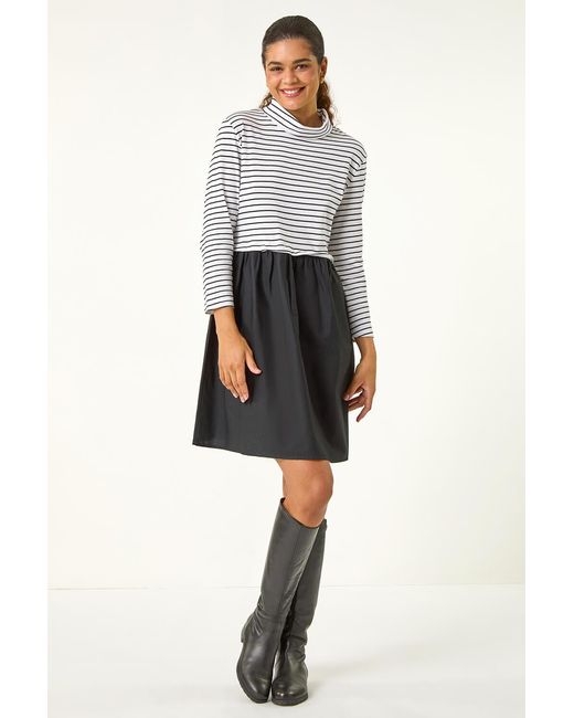 Roman Black Stripe Print High Neck Smock Dress