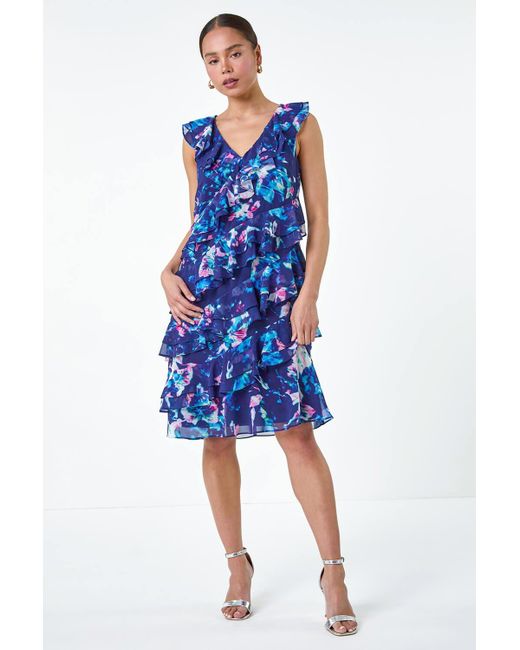 Roman Petite Blue Abstract Print Ruffle Shift Dress
