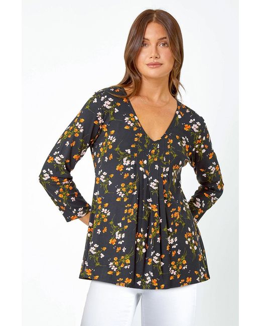 Roman Black Floral Print V-Neck Tunic Swing Stretch Top