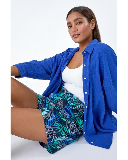 Roman Blue Leaf Print Linen Blend Pocket Shorts