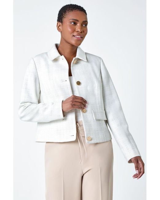 Roman White Textured Button Detail Boucle Jacket