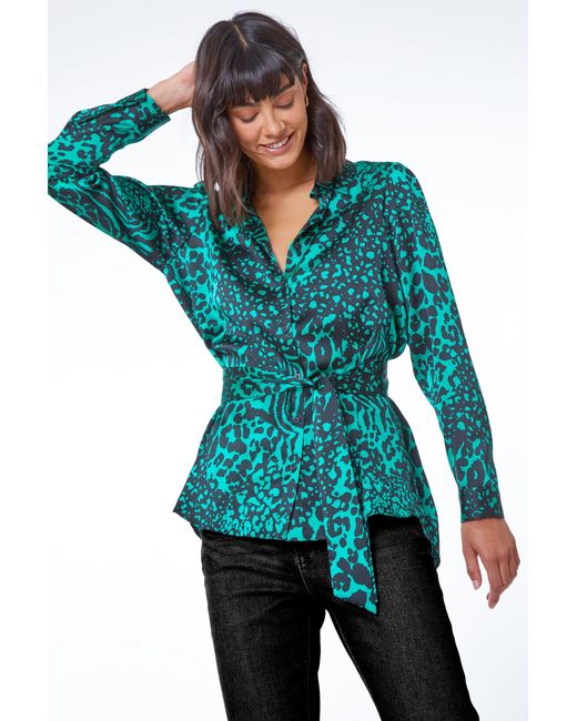 Roman Blue Animal Print Satin Tunic Shirt
