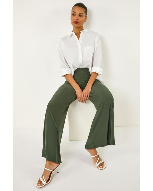 Roman Green Elastic Waist Wide Leg Stretch Trousers