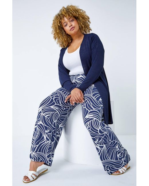 Roman Curve Blue Linear Print Palazzo Trousers