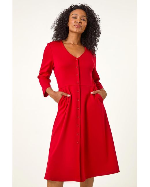 Roman Petite Red V-Neck Button Detail Stretch Dress