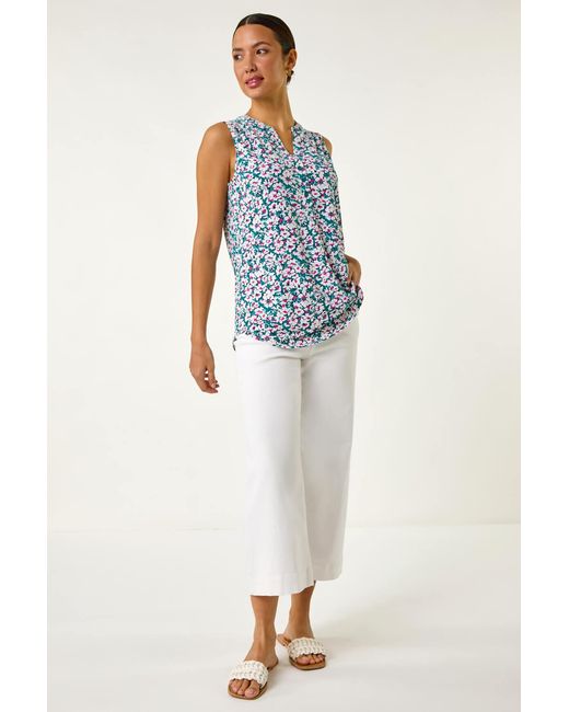 Roman Blue Textured Floral Print Vest Top