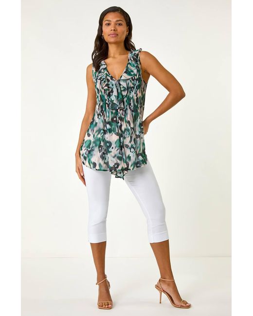 Roman Green Abstract Ruffle Front Buttoned Blouse