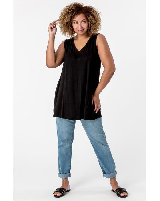 Roman Curve Black Plain V-Neck Vest Top