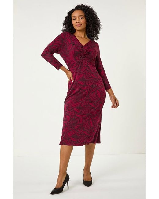 Roman Petite Red Leaf Print Twist Midi Dress