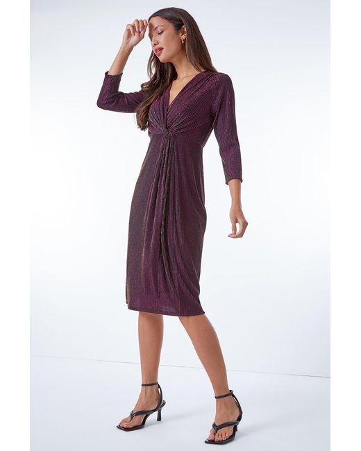 Roman Purple Shimmer Stripe Twist Front Ruched Dress