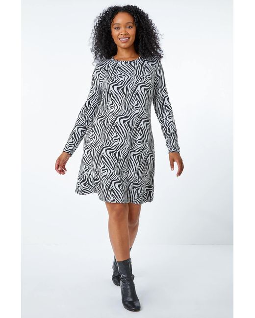Roman Petite Black Jacquard Zebra Print Swing Dress