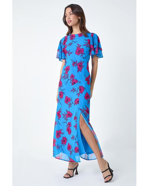 Roman Blue Floral Tiered Sleeve Chiffon Maxi Dress
