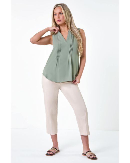 Roman Petite Green Sleeveless Pleat Detail Top