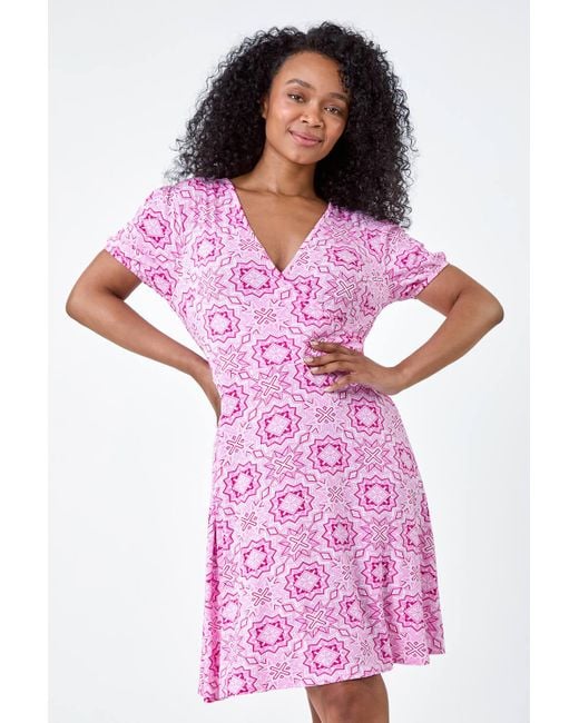 Roman Pink Petite Geo Print Stretch Wrap Dress