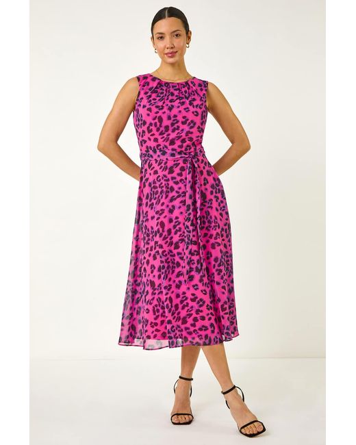 Roman Purple Animal Print Pleated Chiffon Dress
