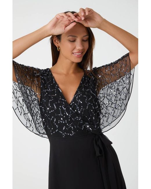 Roman Black Sequin Embellished Chiffon Wrap Maxi Dress