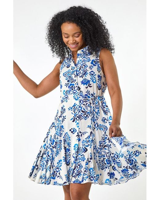 Roman Petite Floral Print Tie Waist Dress in Blue Lyst UK