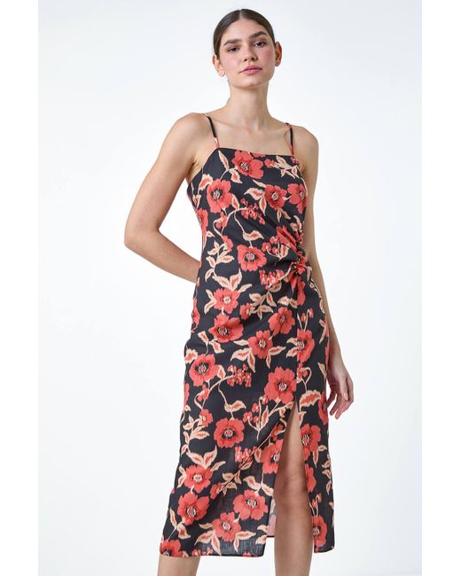 Roman Red Floral Linen Look Ruched Midi Dress