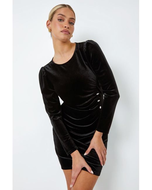 Roman Black Dusk Fashion Velvet Button Detail Ruched Stretch Dress