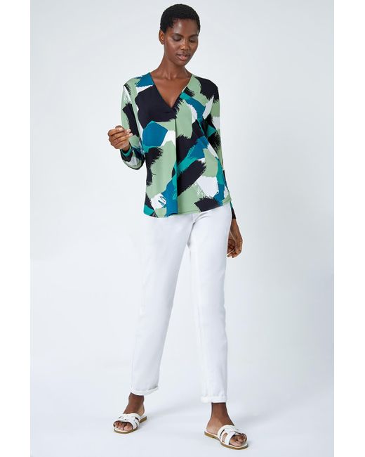 Roman Blue Abstract Print Pleat Stretch Top