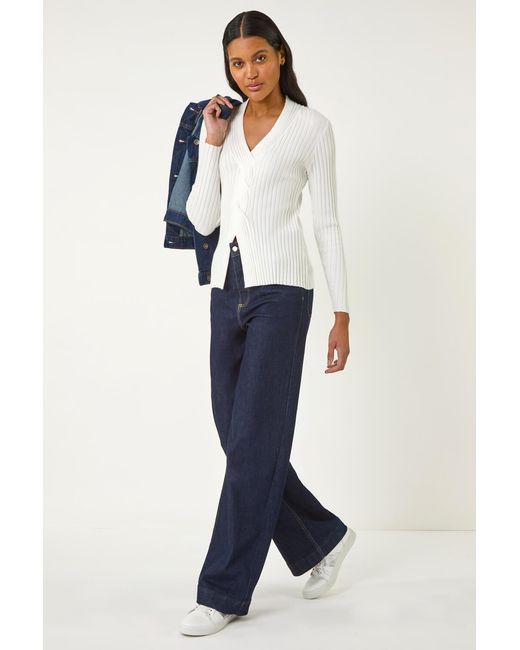 Roman White Cable Split Detail Rib Jumper
