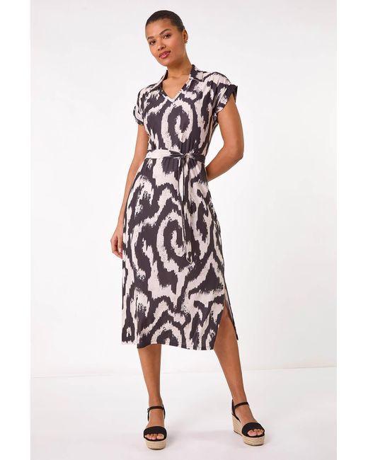 Roman Natural Abstract Print Belted Stretch Midi Dress