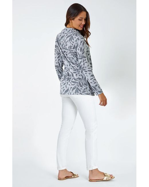 Roman Gray Floral Print Cowl Neck Stretch Top